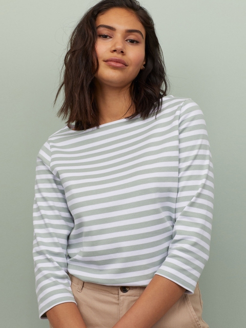 

H&M Green & Whit Stripped Boat-Necked Top
