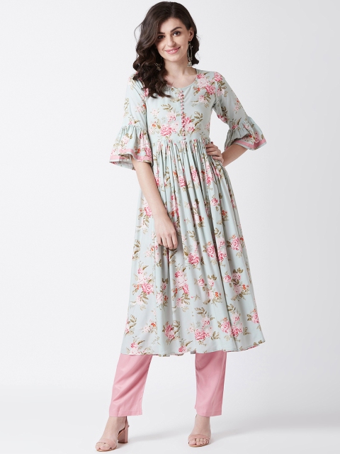 

Tissu Women Green & Pink Floral Printed Kurta with Palazzos