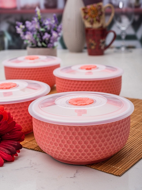 

White Gold Pink & White 4-Pieces Textured Porcelain Bowls Set With Lids