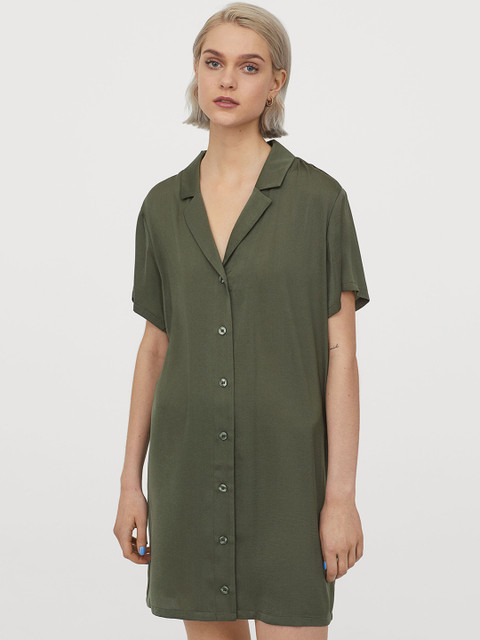 

H&M Women Olive Green Solid Short Shirt Dress