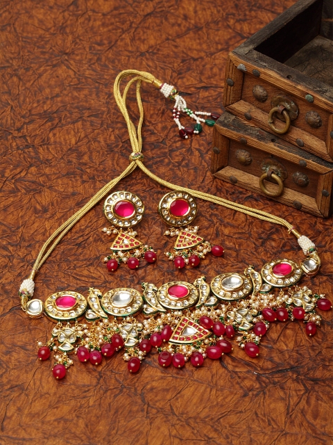 

DUGRISTYLE Gold-Plated Red & White Kundan-Studded Peacock Chokar Jewellery Set