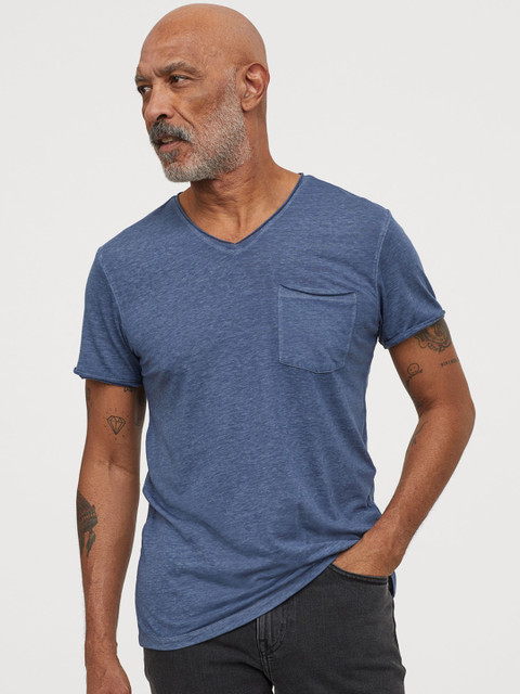

H&M Men Blue Solid Raw-Edge T-shirt