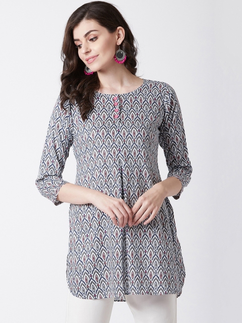 

Tissu Women White & Grey Tribal Print Straight Kurti