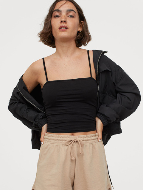

H&M Women Black Solid Cropped Jersey Strappy Top