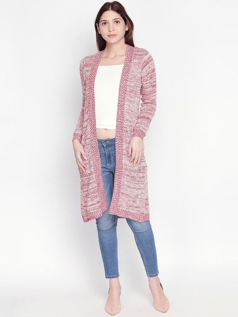 

RANGMANCH BY PANTALOONS Women Pink & White Self Design Open Front Shrug