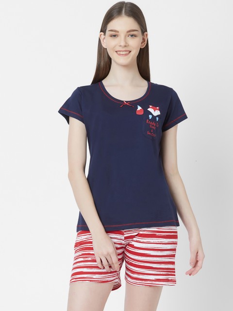 

Juliet Women Navy Blue & Red Solid Night suit