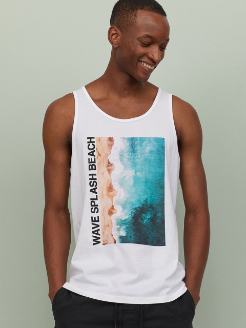 

H&M Men White & Blue Vest T-shirt With a Motif