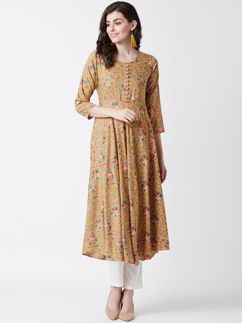 

Tissu Women Mustard Yellow & Green Printed A-Line Kurta