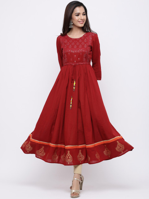 

Rain & Rainbow Women Maroon Printed Anarkali Kurta