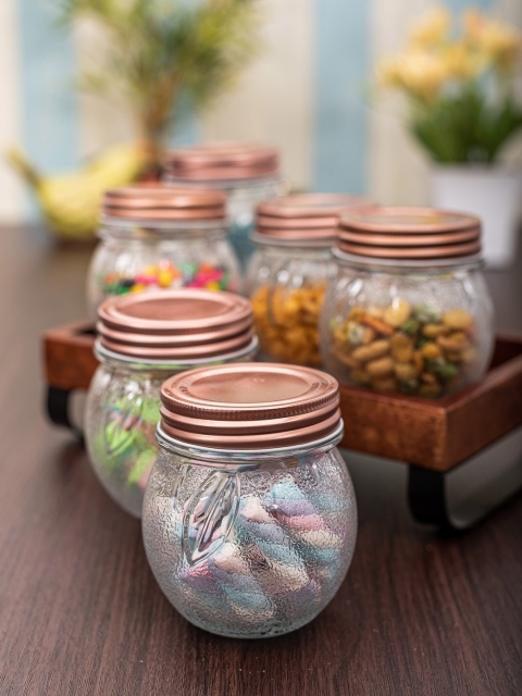

White Gold Set Of 6 Transparent Solid Glass Storage Jars With Rose Gold-Toned Lids