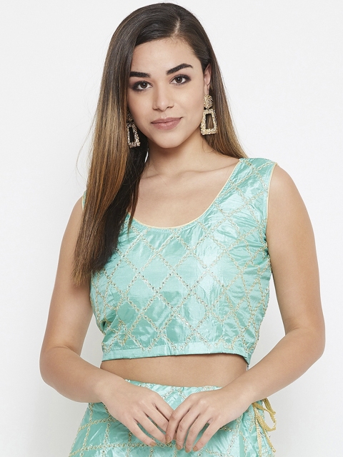

TULIP 21 Women Sea Green & Gold-Coloured Thread Work Saree Blouse