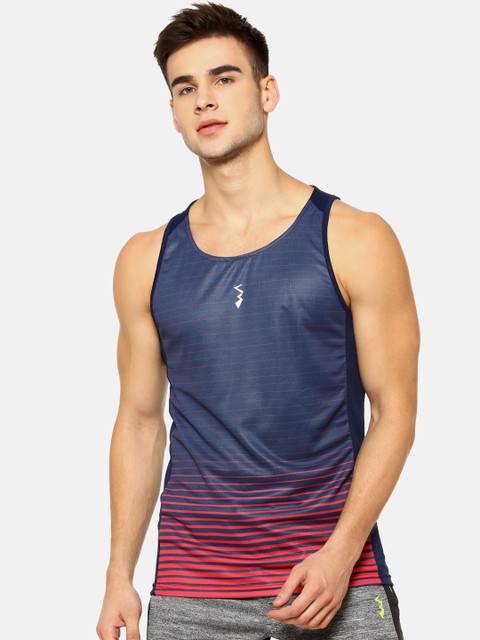 

Campus Sutra Men Navy Blue & Red Striped Scoop Neck T-shirt