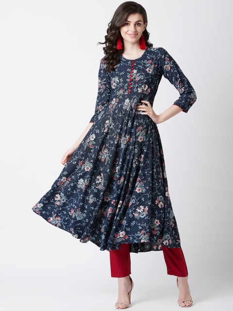 

Tissu Women Navy Blue Floral Printed A-Line Kurta