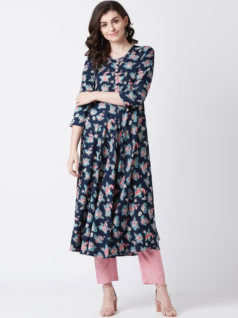 

Tissu Women Navy Blue & Pink Printed A-Line Kurta