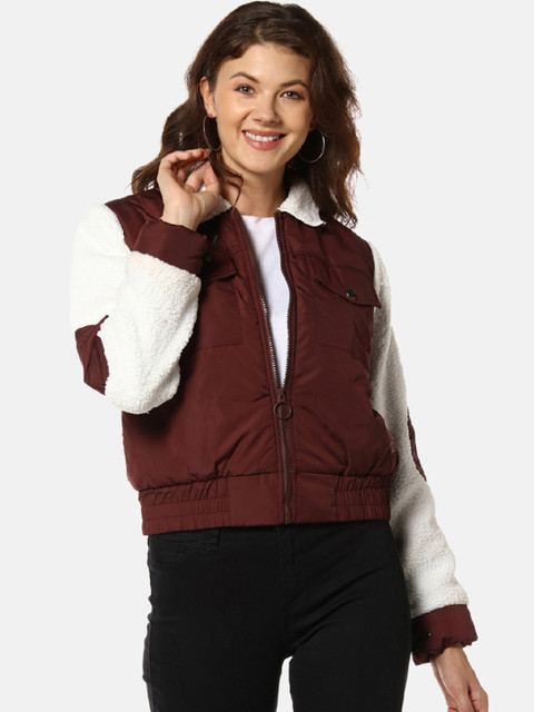 

Campus Sutra Women Brown & Cream-Coloured Colourblocked Windcheater Biker Jacket