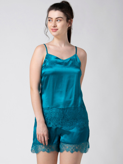 

ADORENITE Women Turquoise Blue Solid Night suit