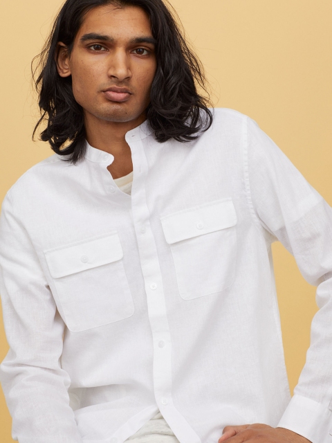 

H&M Men White Solid Grandad Shirt Regular Fit