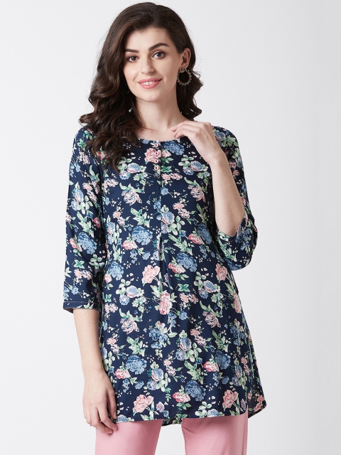 

Tissu Women Navy Blue & Pink Floral Print Straight Kurti