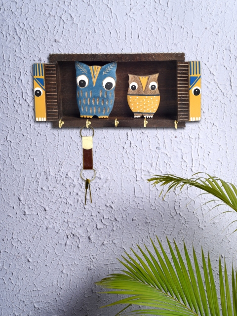 

Unravel India Blue & Brown Owl Mango Wood Decorative Key Holder