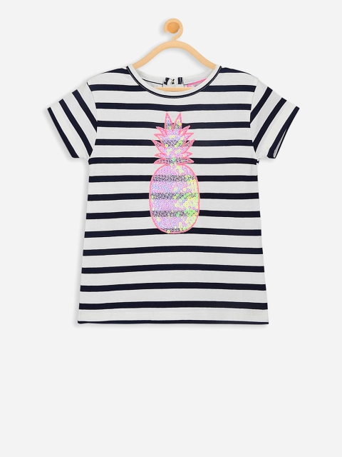 

Cherry Crumble Girls White & Navy Blue Striped Round Neck Embellished T-shirt