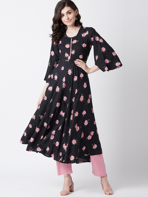 

Tissu Women Black & Pink Printed Kurta with Salwar