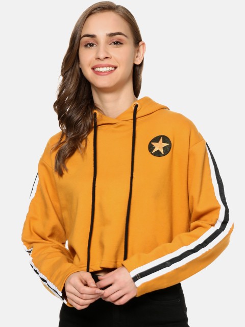 

Campus Sutra Women Mustard Yellow Solid Hooded Sweatshirt with Side Stripes
