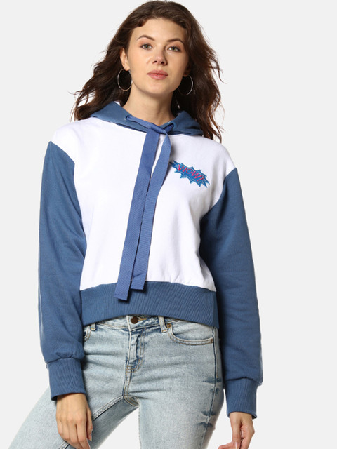 

Campus Sutra Women White & Blue Colourblocked Hooded Sweatshirt with Tie Up