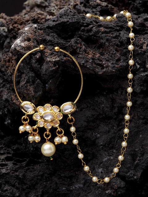 

DUGRISTYLE Gold-Plated Off-White Kundan Studded & Beaded Chained Nose Ring