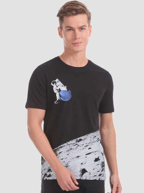 Colt Men Black & Off-White Printed Round Neck T-shirt