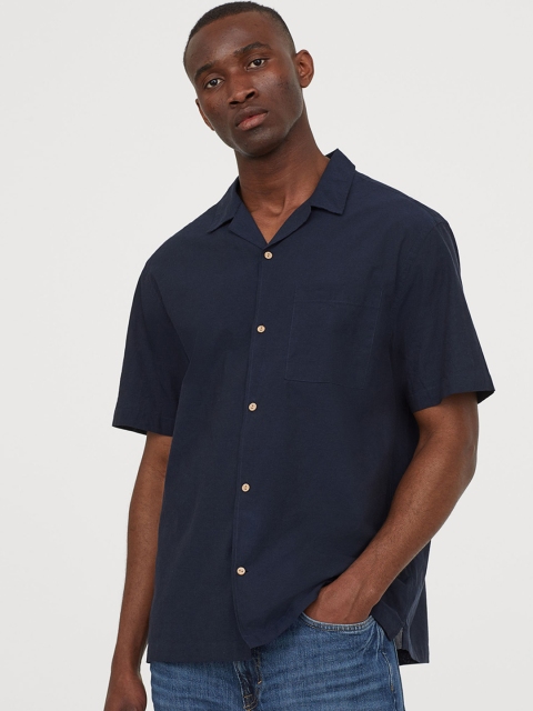 

H&M Men Navy Blue Solid Cotton Resort Shirt