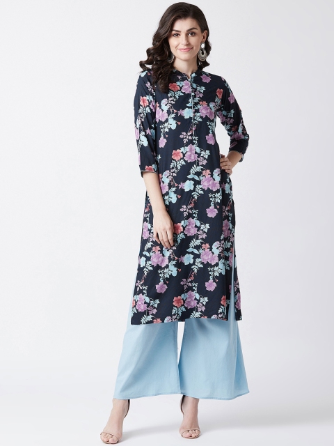 

Tissu Women Navy Blue Floral Printed Kurta with Palazzos
