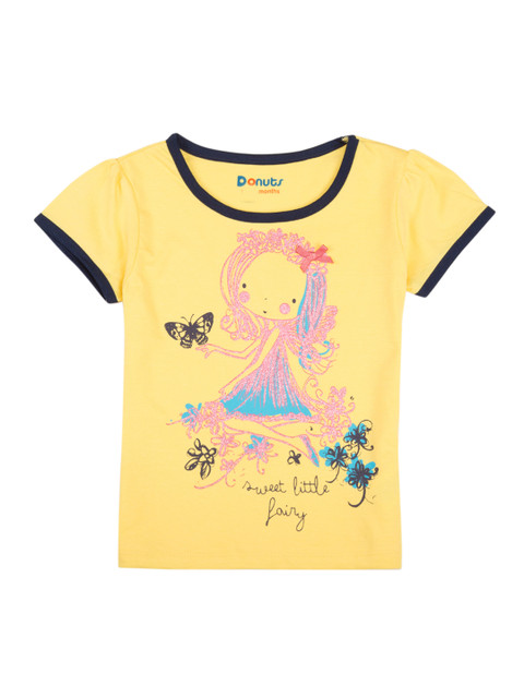 

Donuts Girls Yellow & Pink Printed Round Neck T-shirt