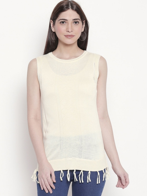 Manola Women Cream-Coloured Self Design Knitted Top