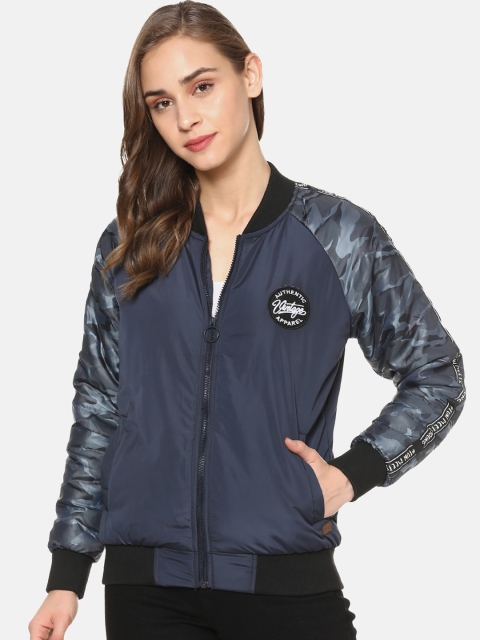 

Campus Sutra Women Navy Blue & Grey Camouflage Print Bomber Jacket with Side Stripes