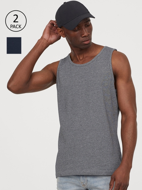 

H&M Men Pack Of 2 Solid Sustainable Round Neck Vests, Grey melange
