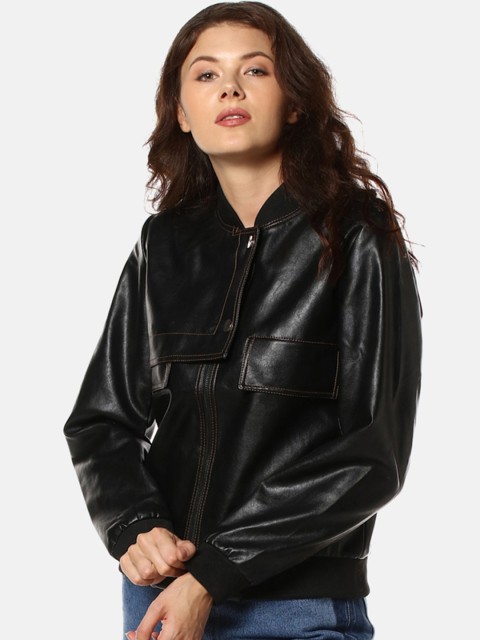 

Campus Sutra Women Black Solid Leather Bomber Jacket