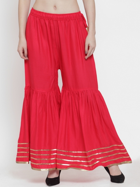 

TAG 7 Women Coral Red Solid Flared Palazzos