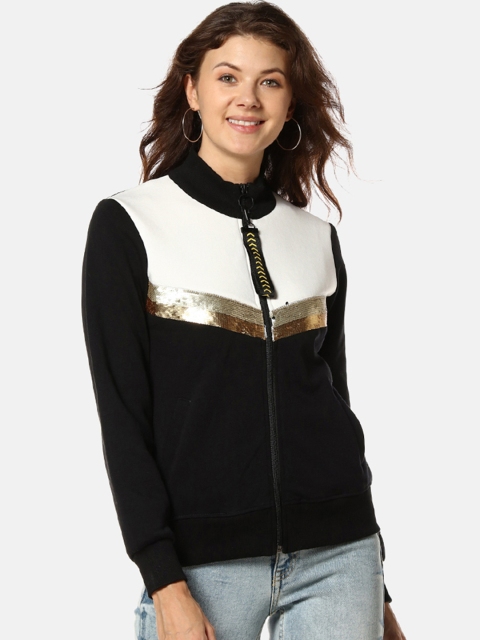 

Campus Sutra Women Black & White Self Design Sequinned Bomber Jacket