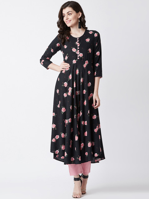

Tissu Women Black & Pink Printed A-Line Kurta