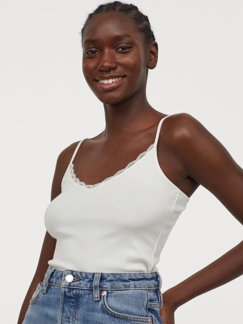 

H&M Women White Lace-Trimmed Strappy Top
