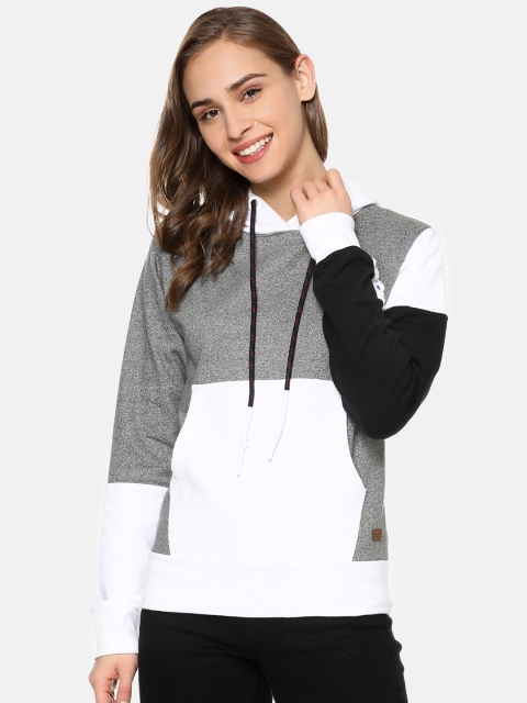 

Campus Sutra Women Grey & White Colourblocked Hooded Sweatshirt