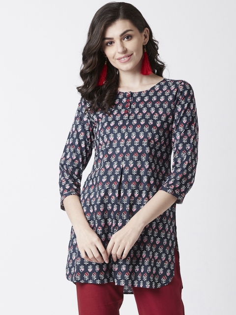 

Tissu Women Navy Blue & Red Floral Print Straight Kurti