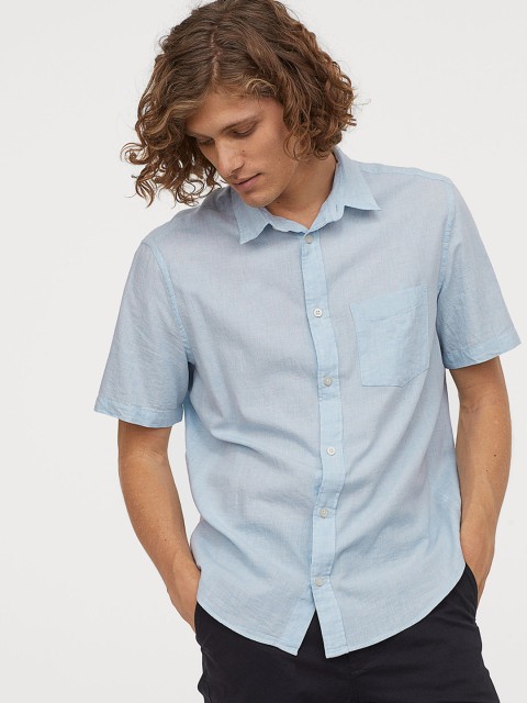 

H&M Men Blue Solid Regular Fit Cotton Shirt