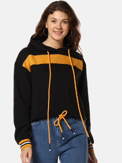 

Campus Sutra Women Black Solid Hooded Sweatshirt