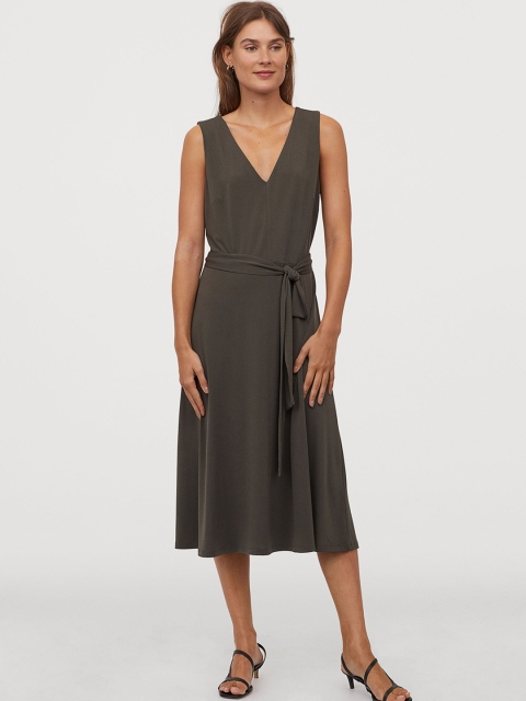 

H&M Women Olive Green Solid Fit and Flare Dress