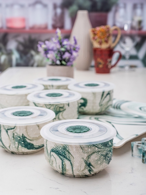 

White Gold White & Green 6-Pieces Printed Porcelain Bowls Set With Lids & Tray