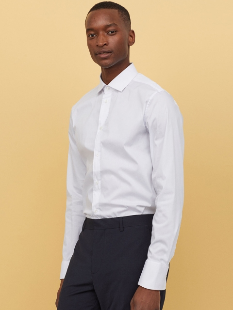 

H&M Men White Solid Stretch Shirt Slim Fit