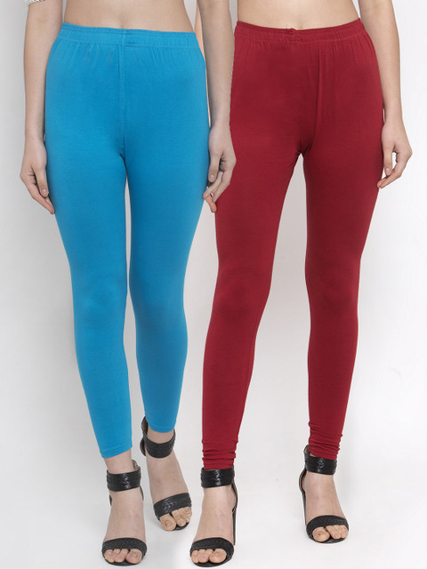 

TAG 7 Women Pack Of 2 Maroon & Blue Solid Churidar-Length Leggings