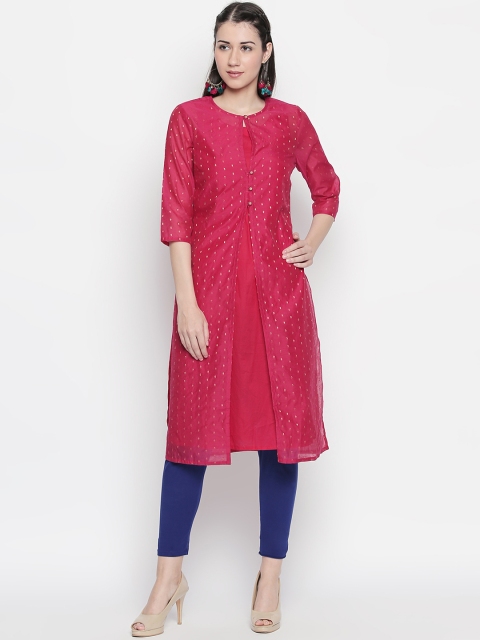 

RANGMANCH BY PANTALOONS Women Coral Pink & Gold-Coloured Woven Design A-Line Layered Kurta