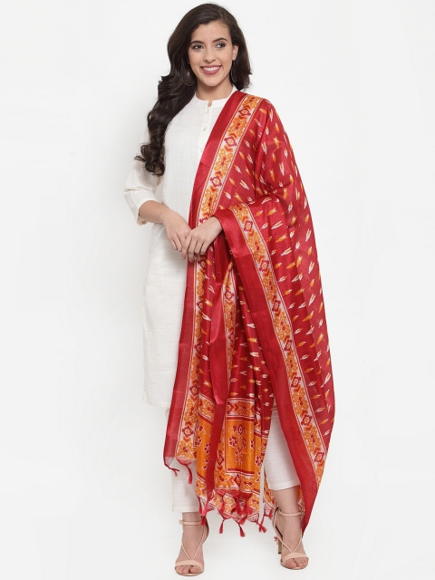 

Jompers Women Off-White & Red Woven Design Kurta with Trousers & Dupatta